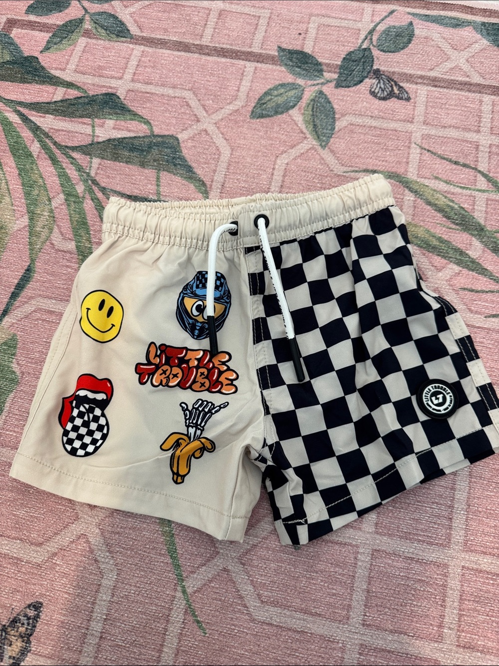 NEW Little Trouble Boys Check & Graphic Beige Hybrid Swim Shorts Size 4T